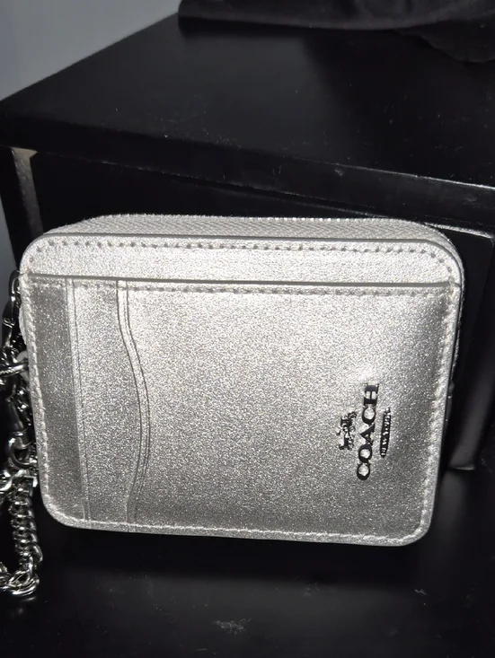 Coach Metallic Silver Card Case with Chain Detail - Picture 1 of 3